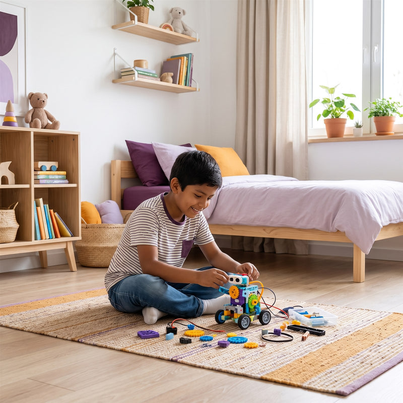 Niño armando un juego de construcción