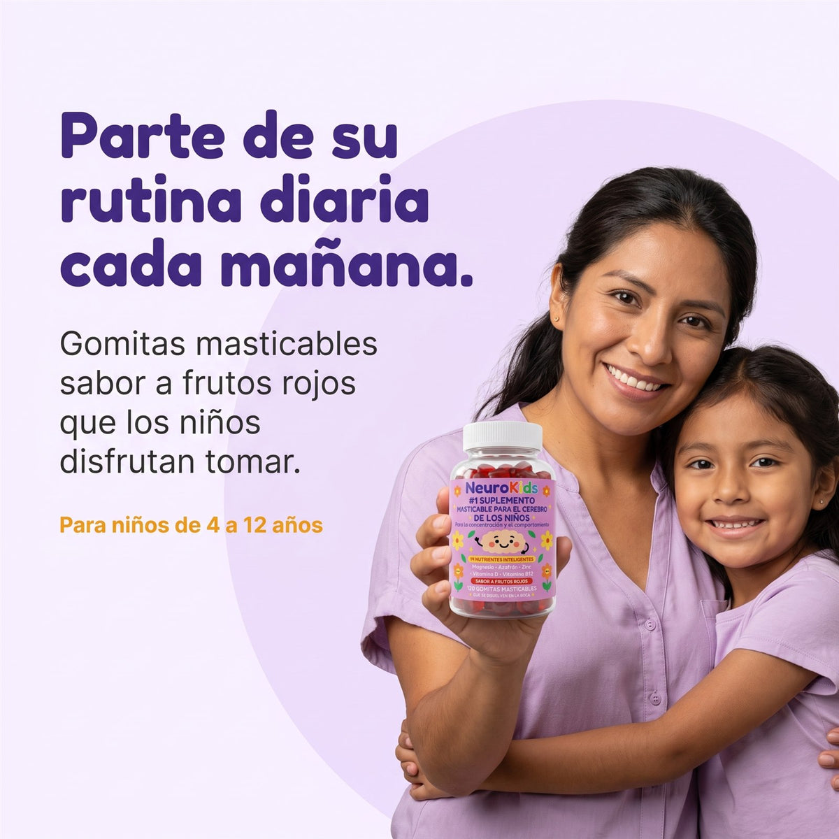 Mamá e hija con el frasco de gomitas NeuroKids