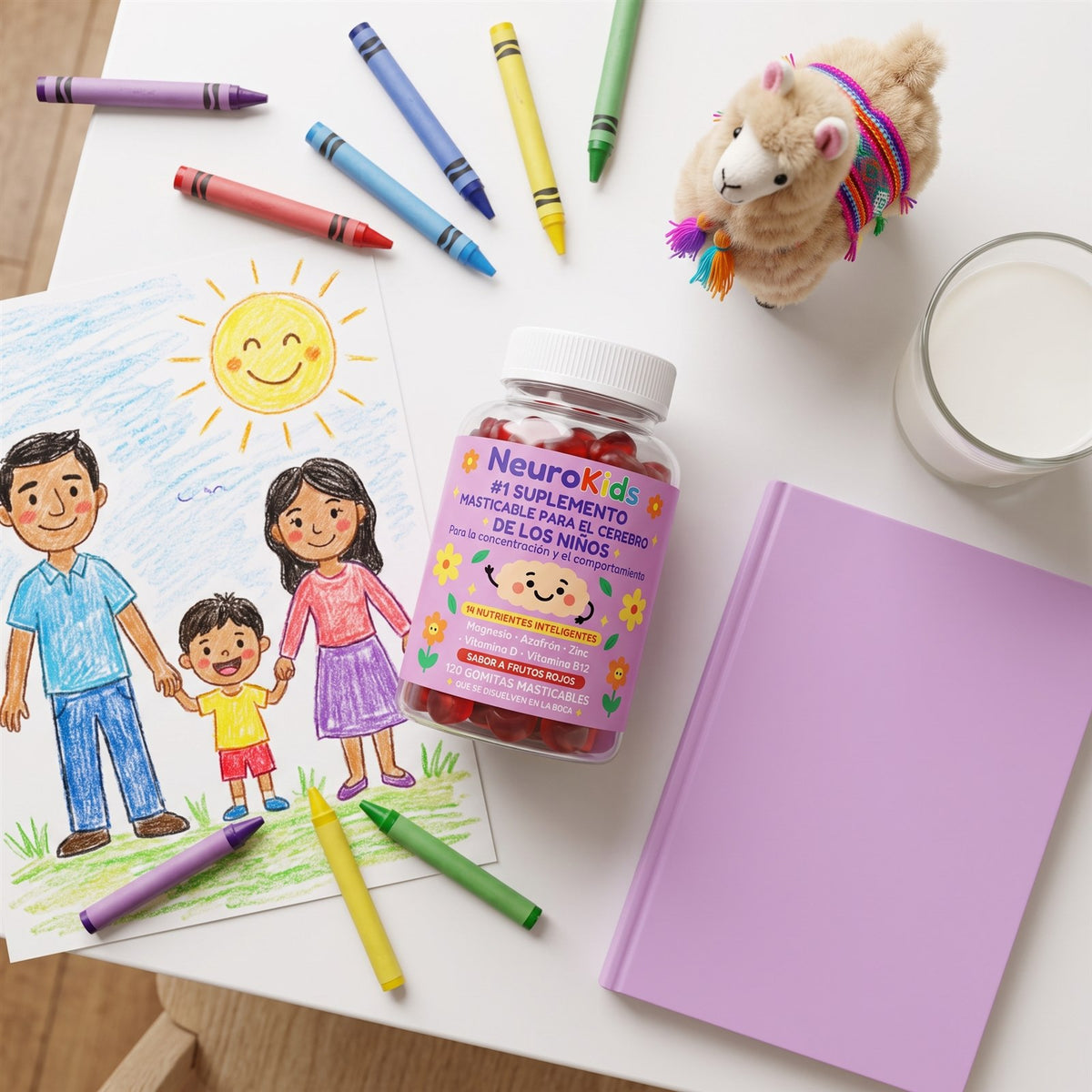 Frasco de NeuroKids junto a un dibujo de familia