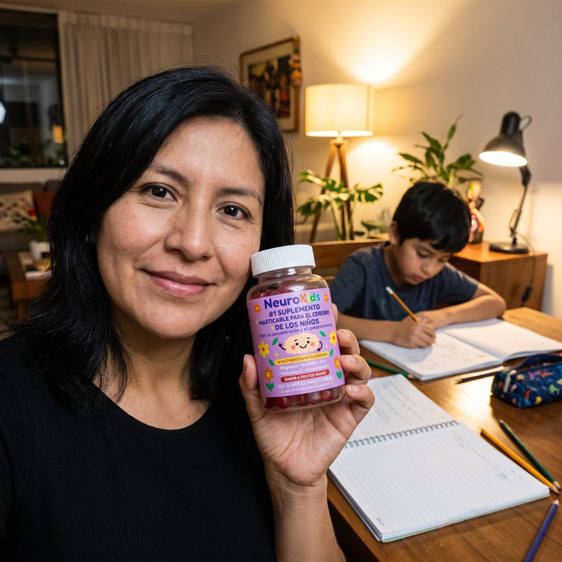 Mamá con el frasco de NeuroKids y su hijo haciendo tareas