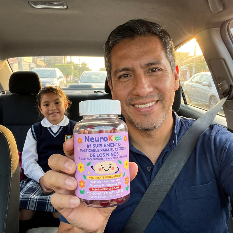 Papá con el frasco de NeuroKids a la salida del colegio