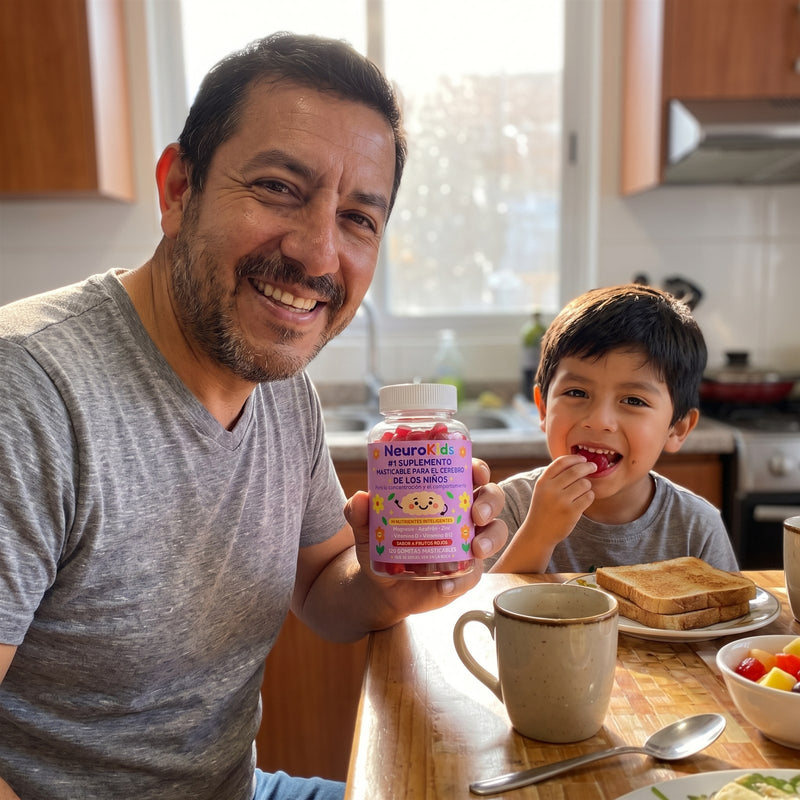 Papá con el frasco de NeuroKids y su hijo comiendo una gomita