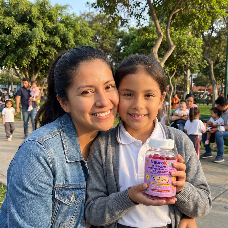 Mamá e hija con el frasco de NeuroKids en el parque