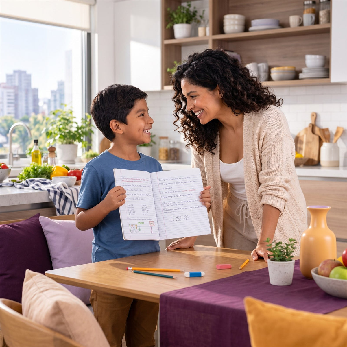 Niño mostrando su tarea terminada a su mamá