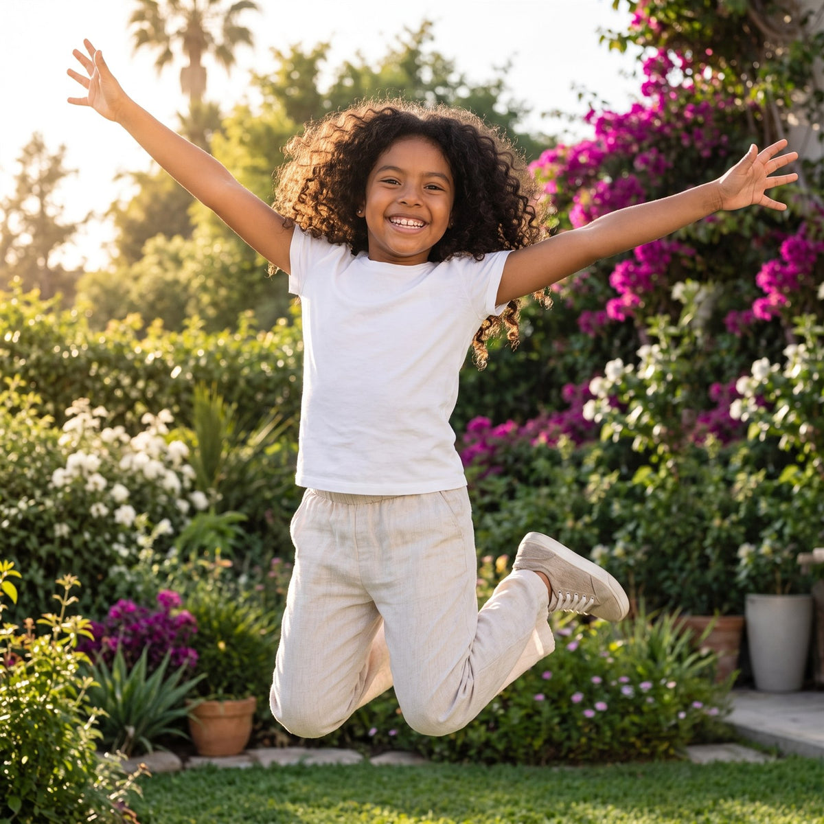 Niña feliz saltando en el jardín